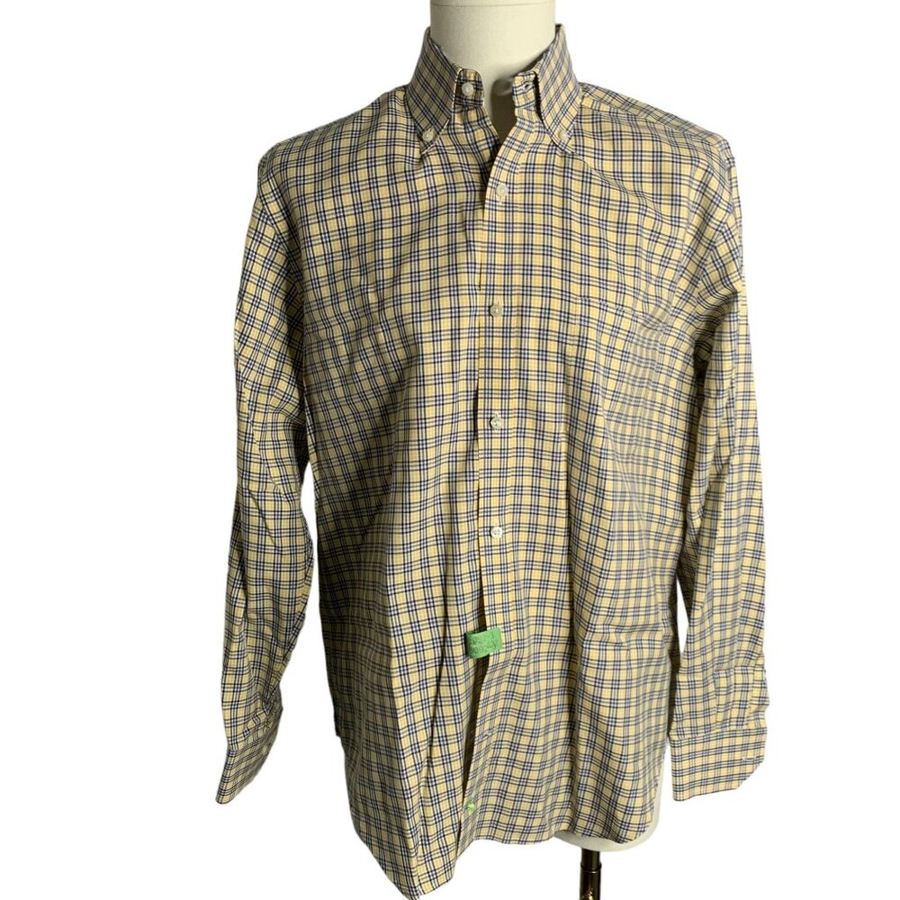 Tailor Byrd Button Down Long Sleeve Shirt L Yellow Plaid Flip Cuff Pocket Cotton